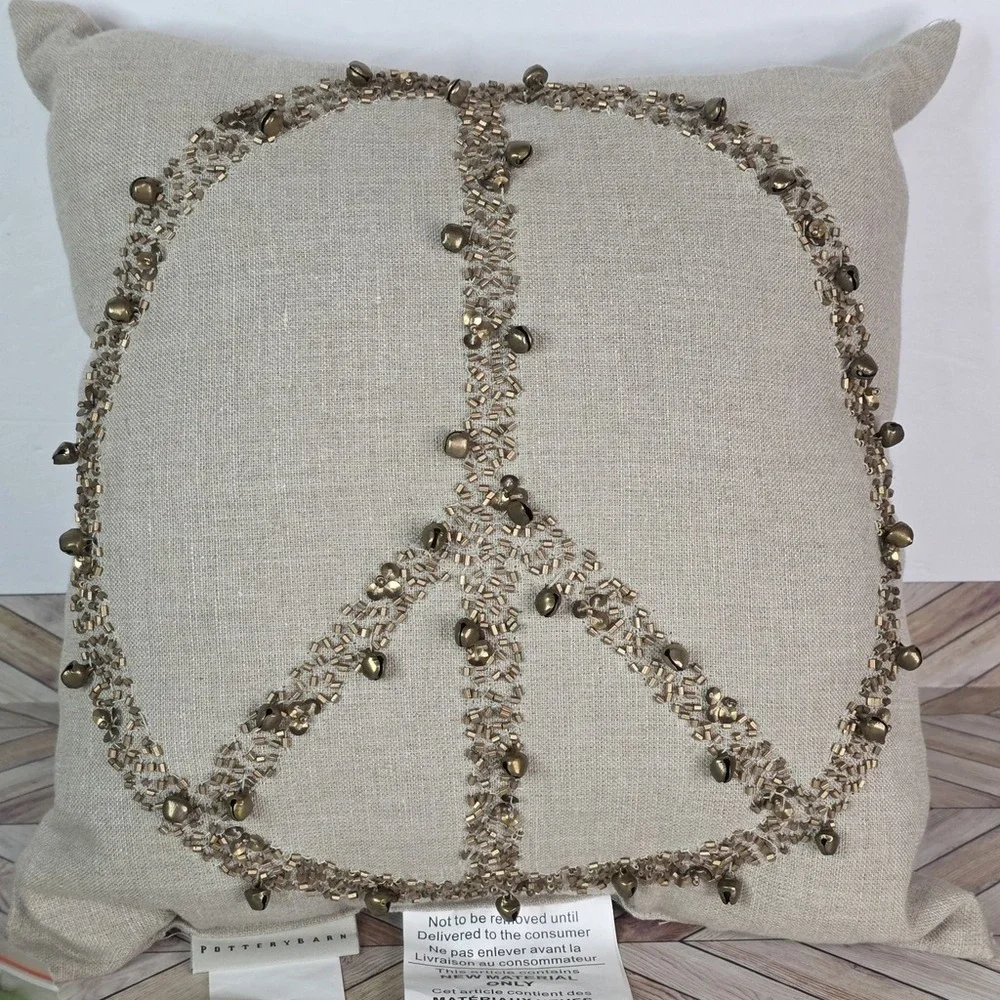 Lot 3 Pottery Barn NWT Jingle Bell Peace Throw Pillow Gray Gold Embellished READ